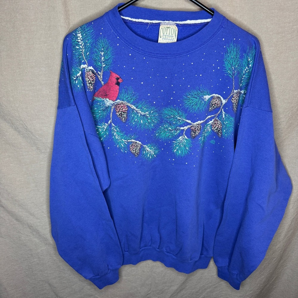 Vintage Cardinal Winter Pine Blue Sweatshirt Made in USA XL GrandmaCore